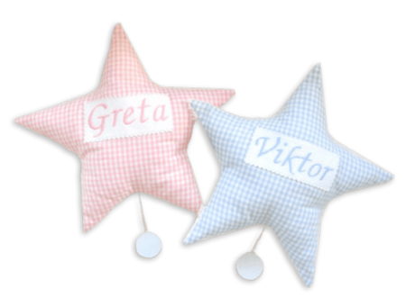 Stern-Spieluhren mit in rosa und hellblau mit Namensstickerei