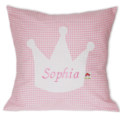 Namenskissen mit Krone auf rosa Vichykaro-Muster