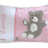 Namenskissen mit Teddybär - Applikation auf rosa Vichykaro mit passender Zackenlitze