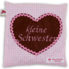 Waermekissen rosa mit applizierten Herz und Stickerei "kleine Schwester"