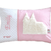 Namenskissen mit Kölner Dom aus flauschigem Stoff, appliziert auf rosa Vichykaro
