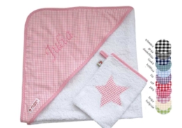 Babyhandtuch Vichy rosa bestehend aus Kapuzenhandtuch und Waschlappen